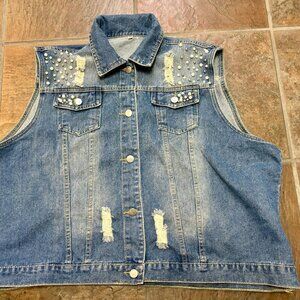 ~~Blue Denim Vest with Pearl Beads YOUTH 4XL Jeans F.A.Shion Festival Hippie